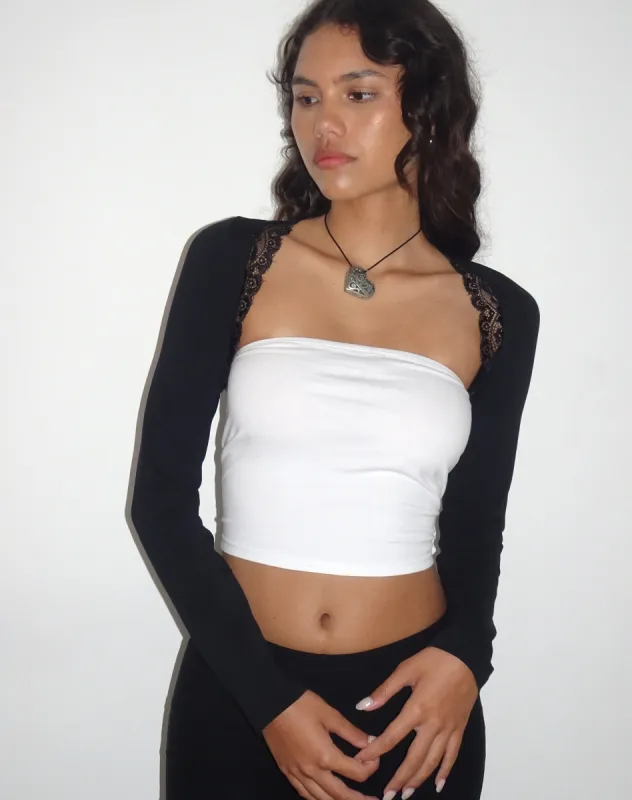 Avya Lace Trim Shrug Top in Lycra Lace Black sold by Motel Rocks