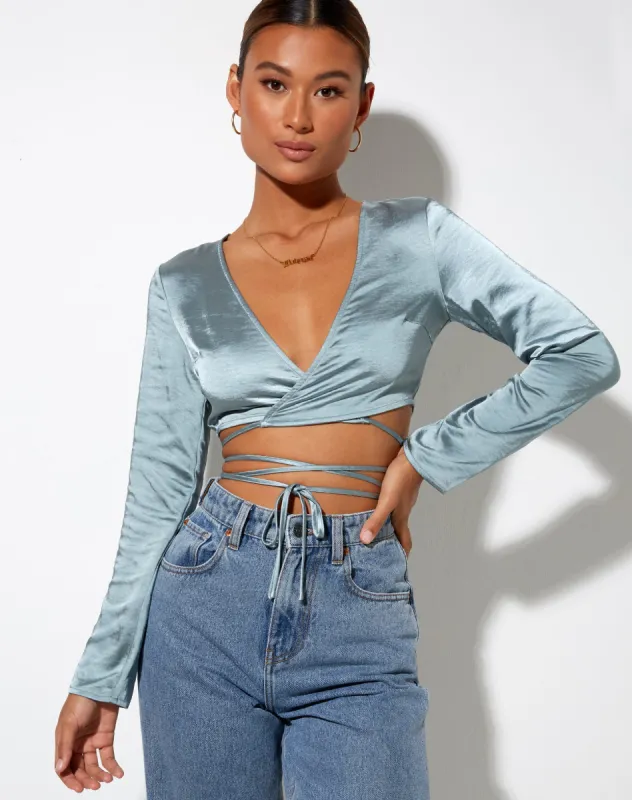 Liva Top in Satin Light Blue sold by Motel Rocks