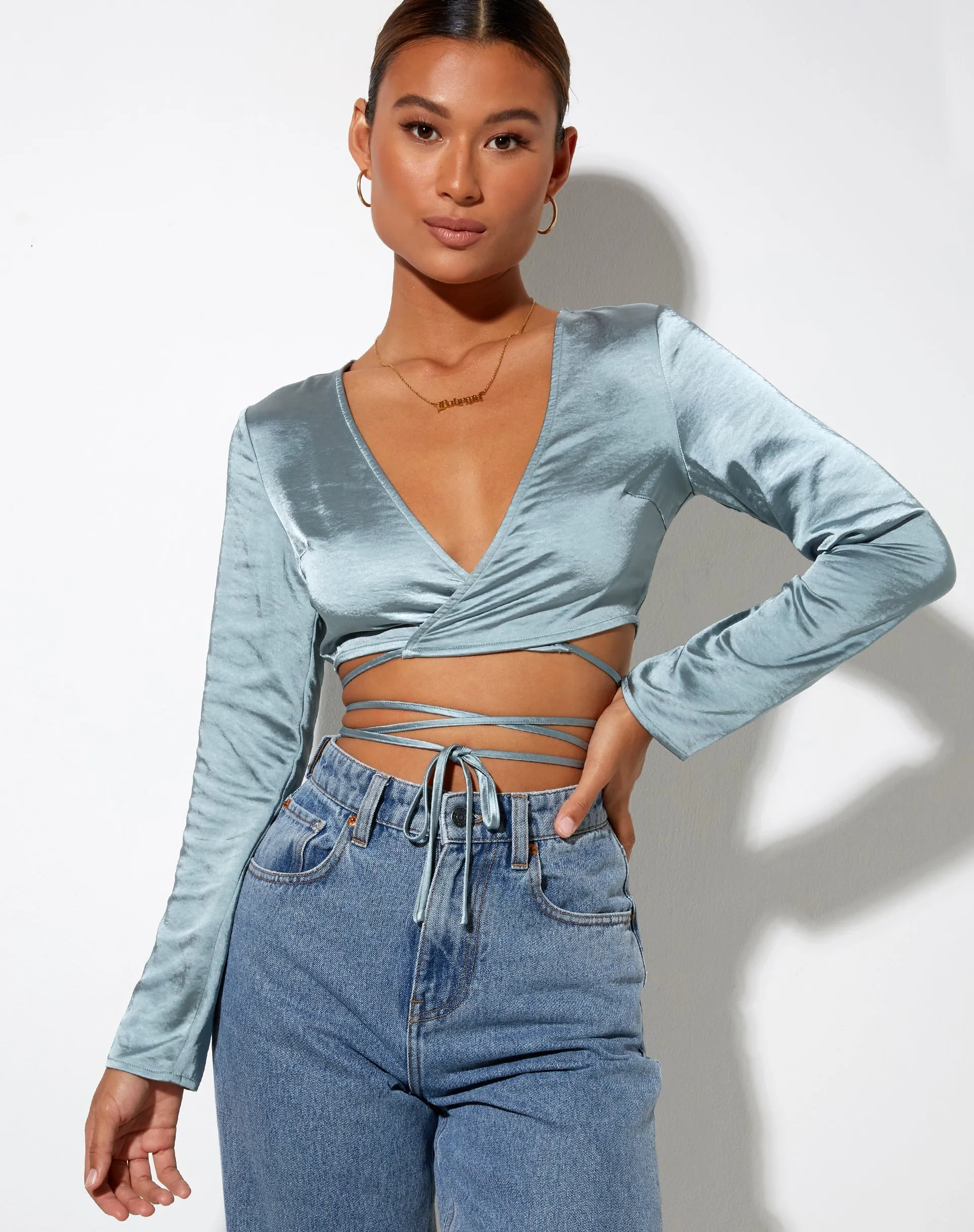 Liva Top in Satin Light Blue sold by Motel Rocks