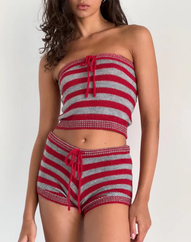 Renha Hot Pants in Red and Grey Stripe sold by Motel Rocks