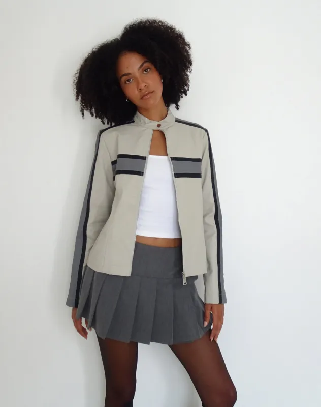 MOTEL X JACQUIE Oliver Zip Up Jacket in Grey PU with Dark Grey Stripe sold by Motel Rocks