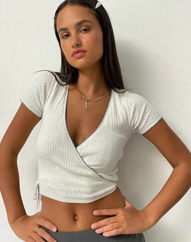 Delilah Wrap Top in White Pointelle Knit made by Motel Rocks