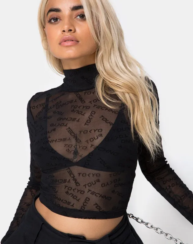 Lara Crop Top in Tokyo Techno Black Net sold by Motel Rocks