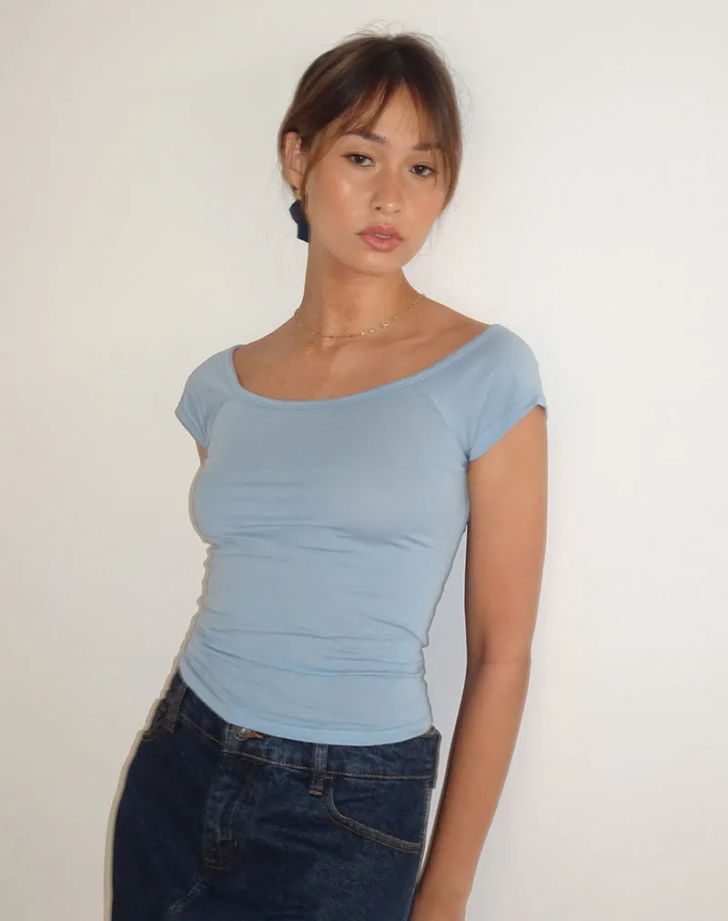 Charya Off Shoulder Top in Nantucket Blue sold by Motel Rocks