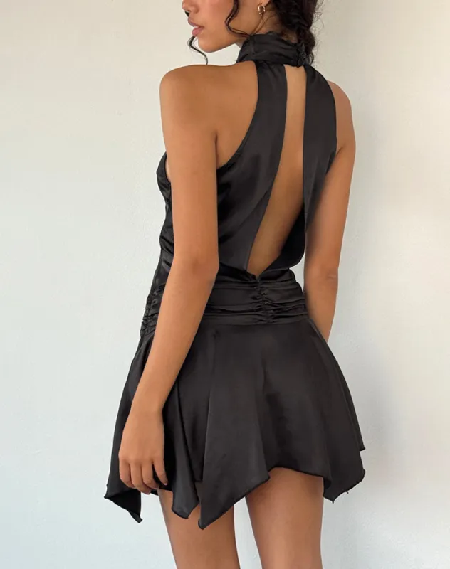 Hydri Satin Halterneck Mini Dress in Black sold by Motel Rocks