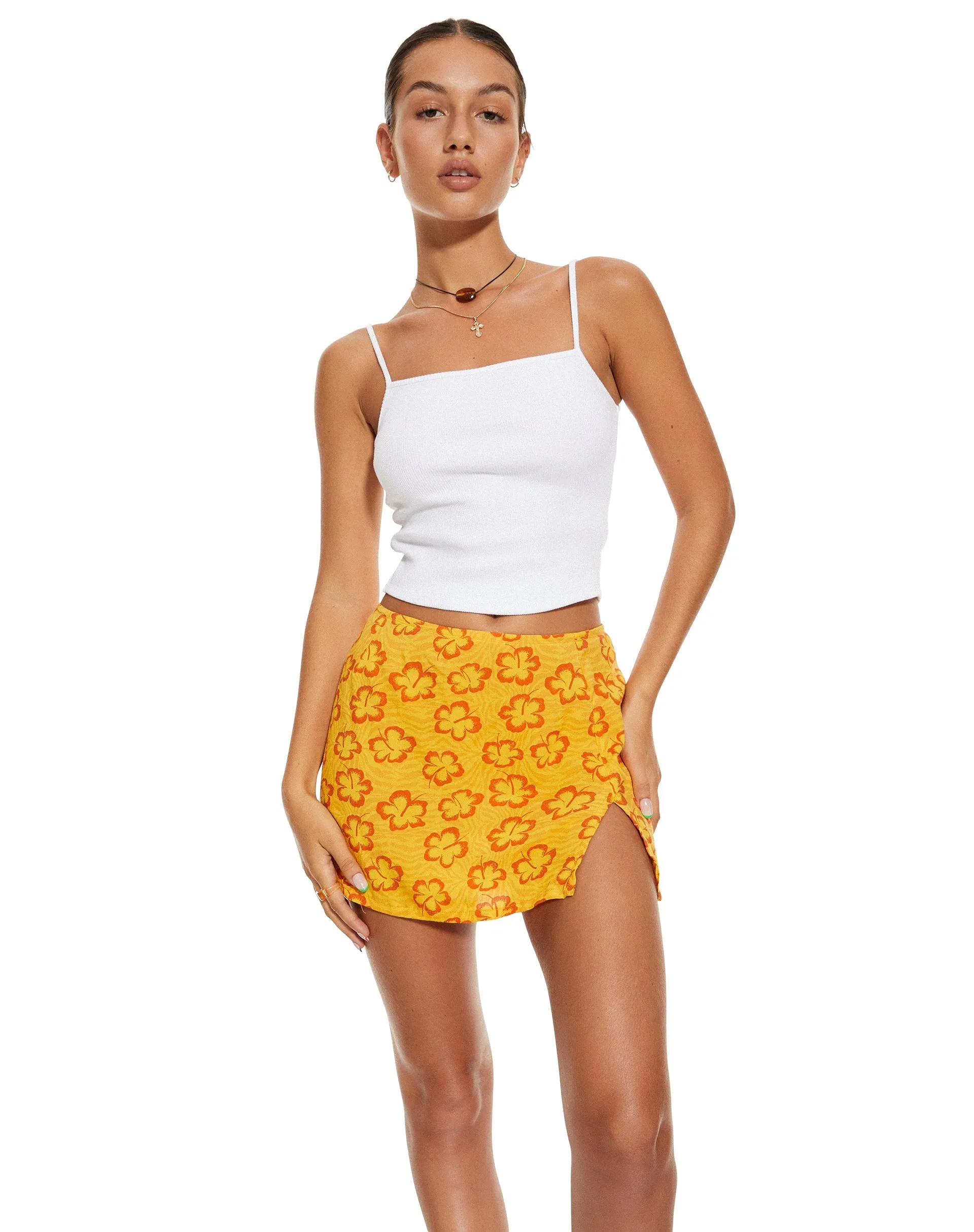 MOTEL X BARBARA Shema Mini Skirt in Hibiscus Zebra Orange sold by Motel Rocks