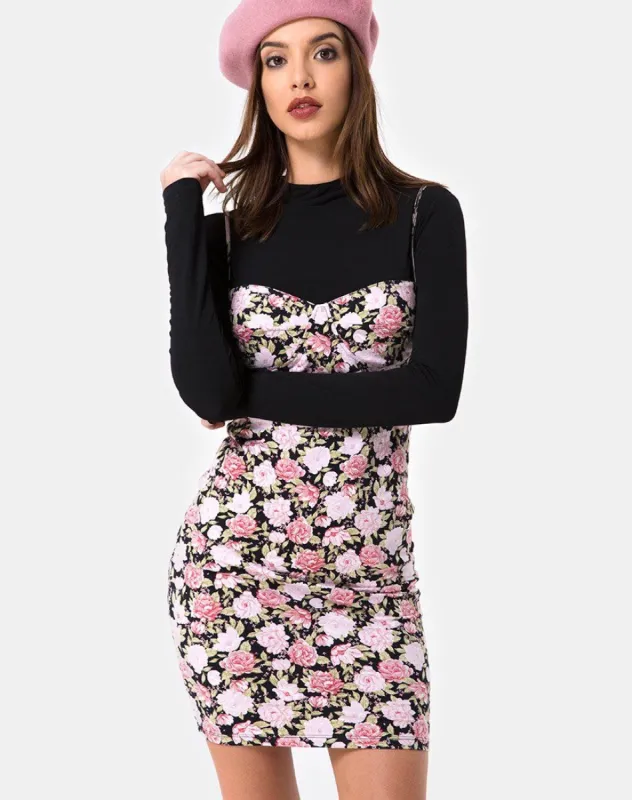 Alvina Bodycon Dress in Bloom Floral Black Base sold by Motel Rocks