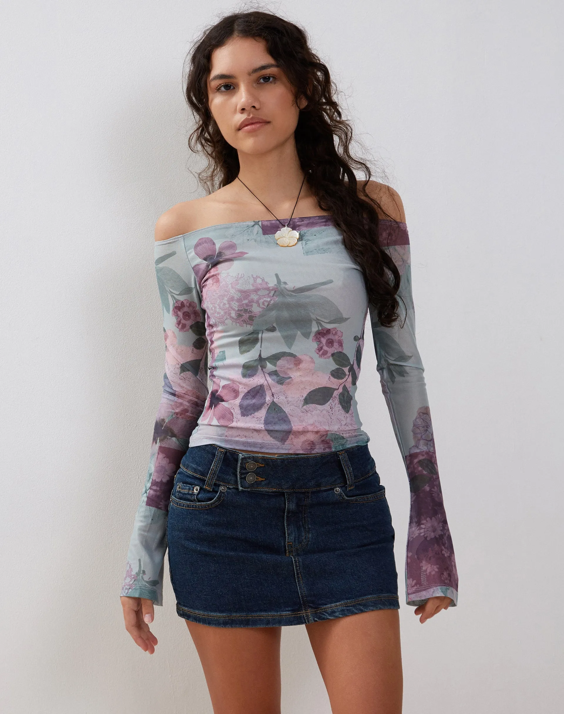 Neira Long Sleeve Mesh Bardot Top in Abstract Scrapbook sold by Motel Rocks product image thumbnail 3