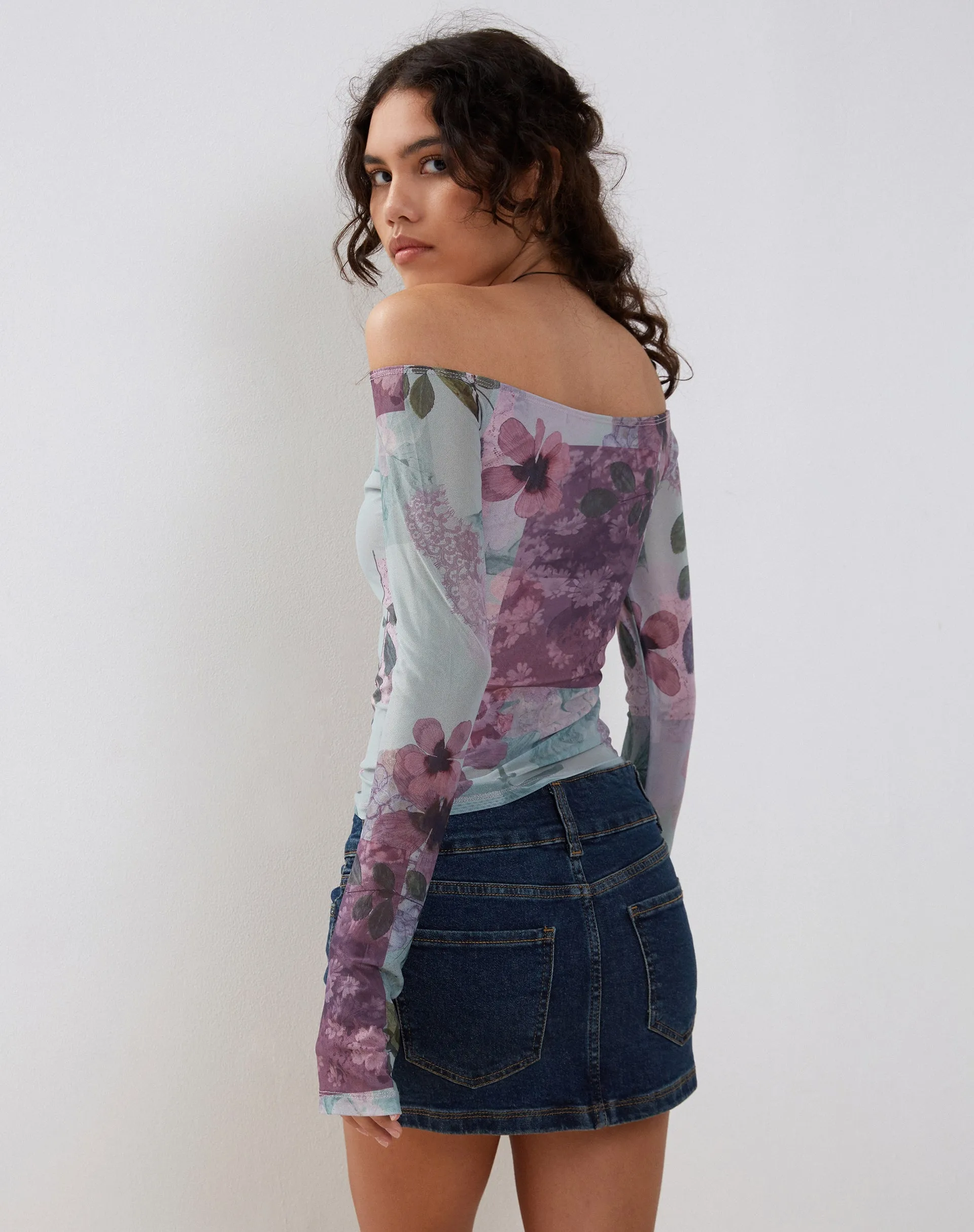 Neira Long Sleeve Mesh Bardot Top in Abstract Scrapbook sold by Motel Rocks product image thumbnail 5
