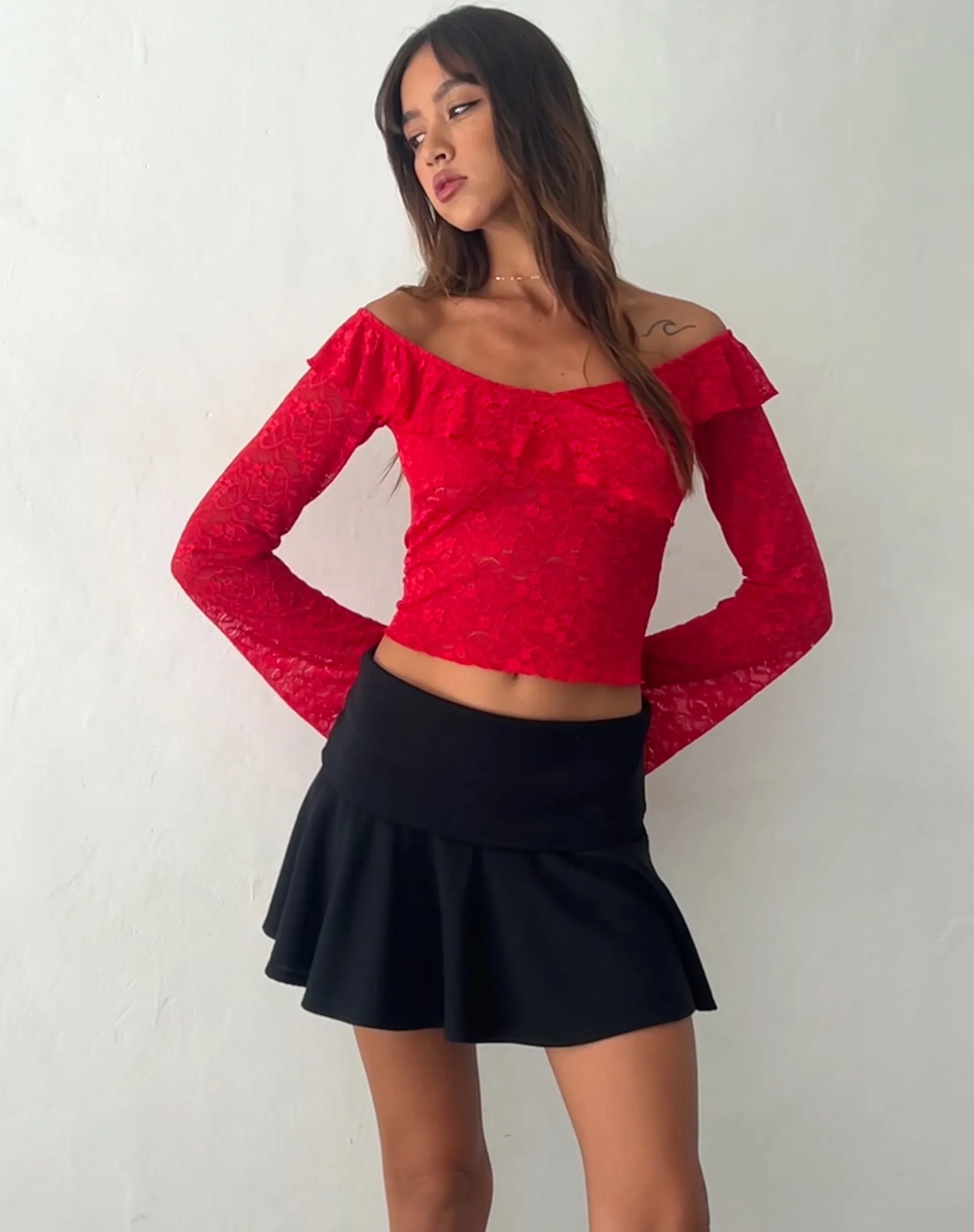 Soka Bardot Frill Top in Red Lace sold by Motel Rocks product image thumbnail 4
