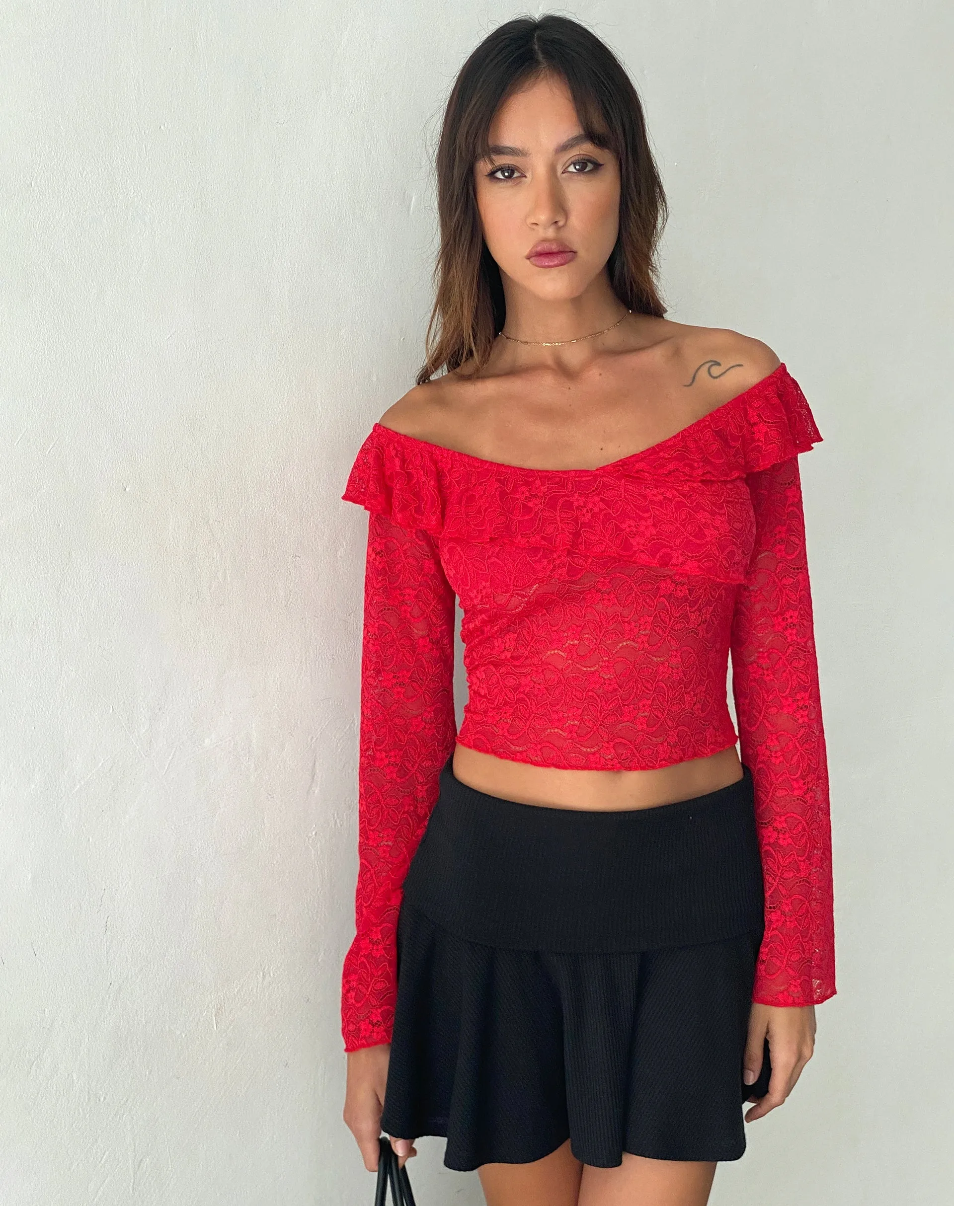 Soka Bardot Frill Top in Red Lace sold by Motel Rocks