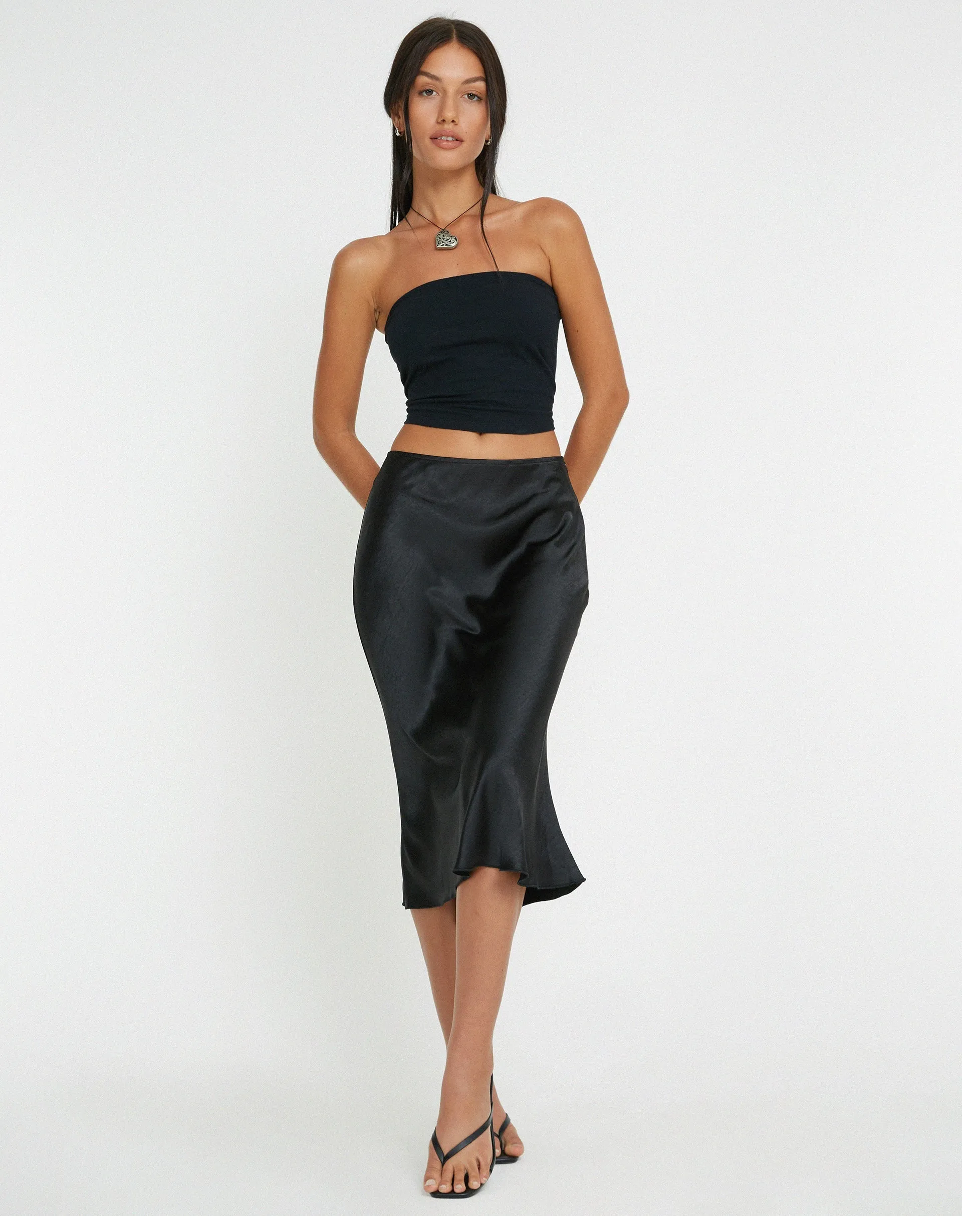 Goya Midi Skirt in Satin Black sold by Motel Rocks