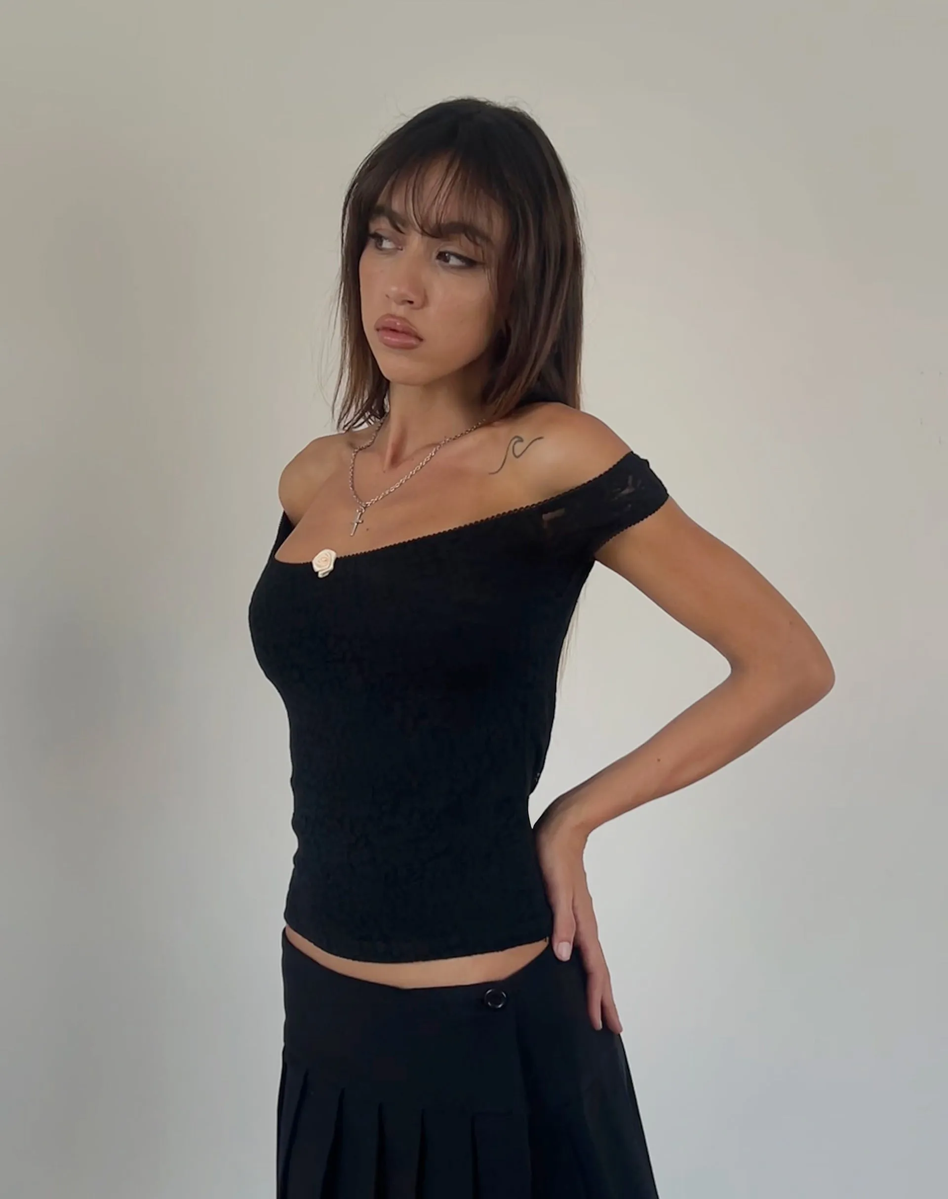 Lonnie Bardot Top in Rose Lace Black sold by Motel Rocks product image thumbnail 3