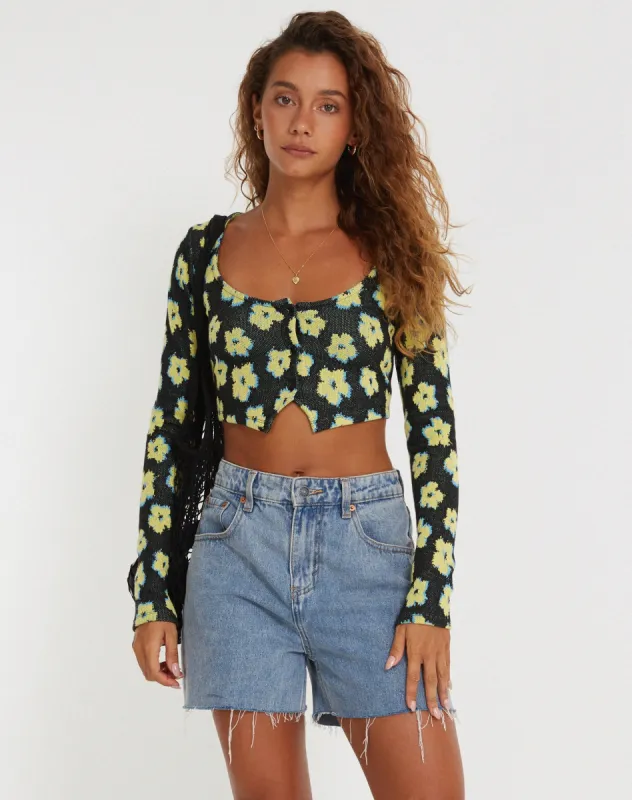 Faline Crop Top in Cute Floral Black and Yellow sold by Motel Rocks