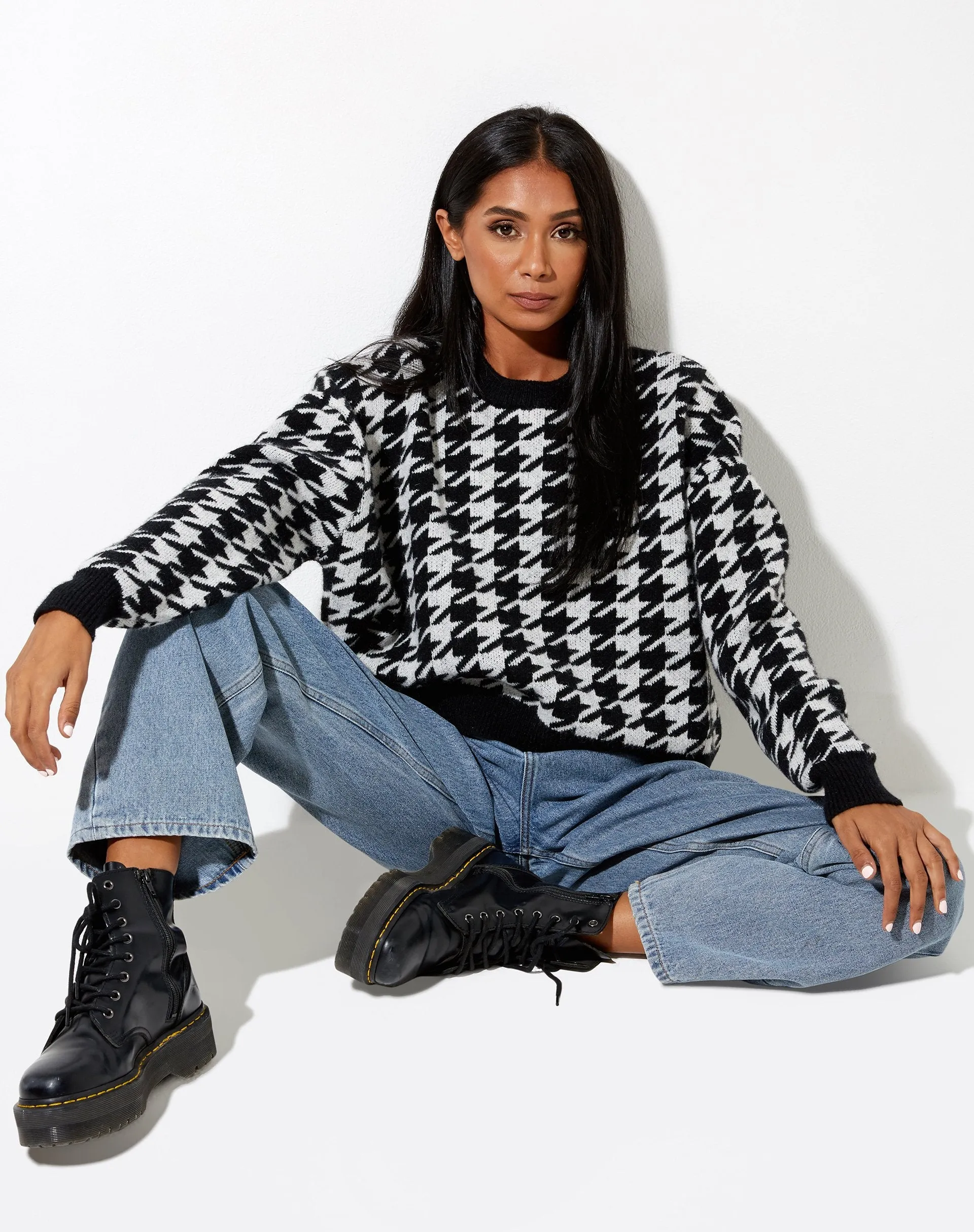 Margo Jumper in Knit Houndstooth Black and Ivory sold by Motel Rocks