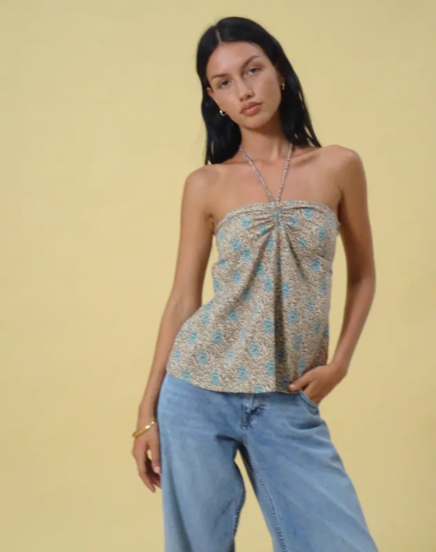 Laeri Halterneck Top in Bohemian Batik Blue Brown sold by Motel Rocks