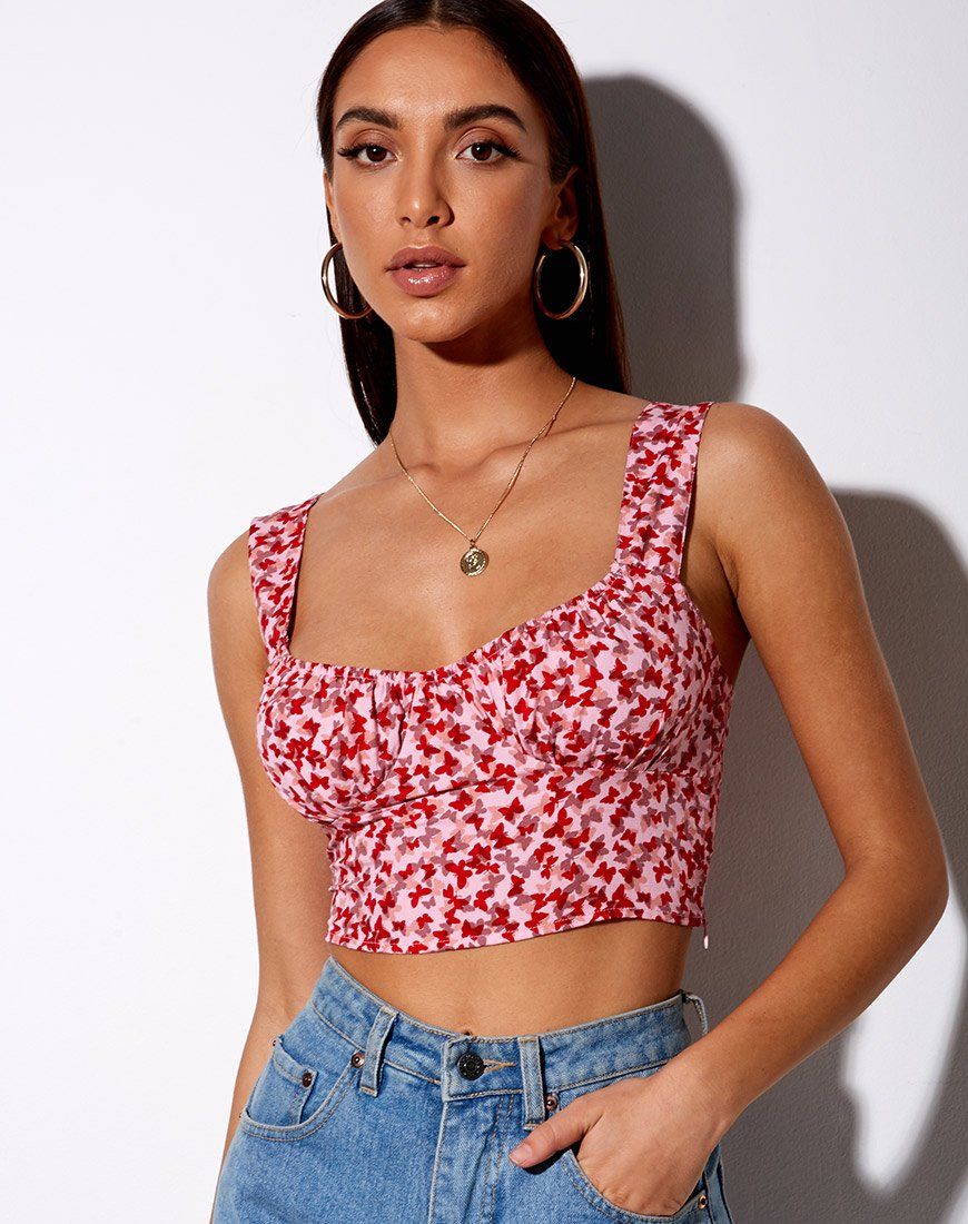Gladis Vest Crop Top in Ditsy Butterfly Peach and Red sold by Motel Rocks product image thumbnail 2