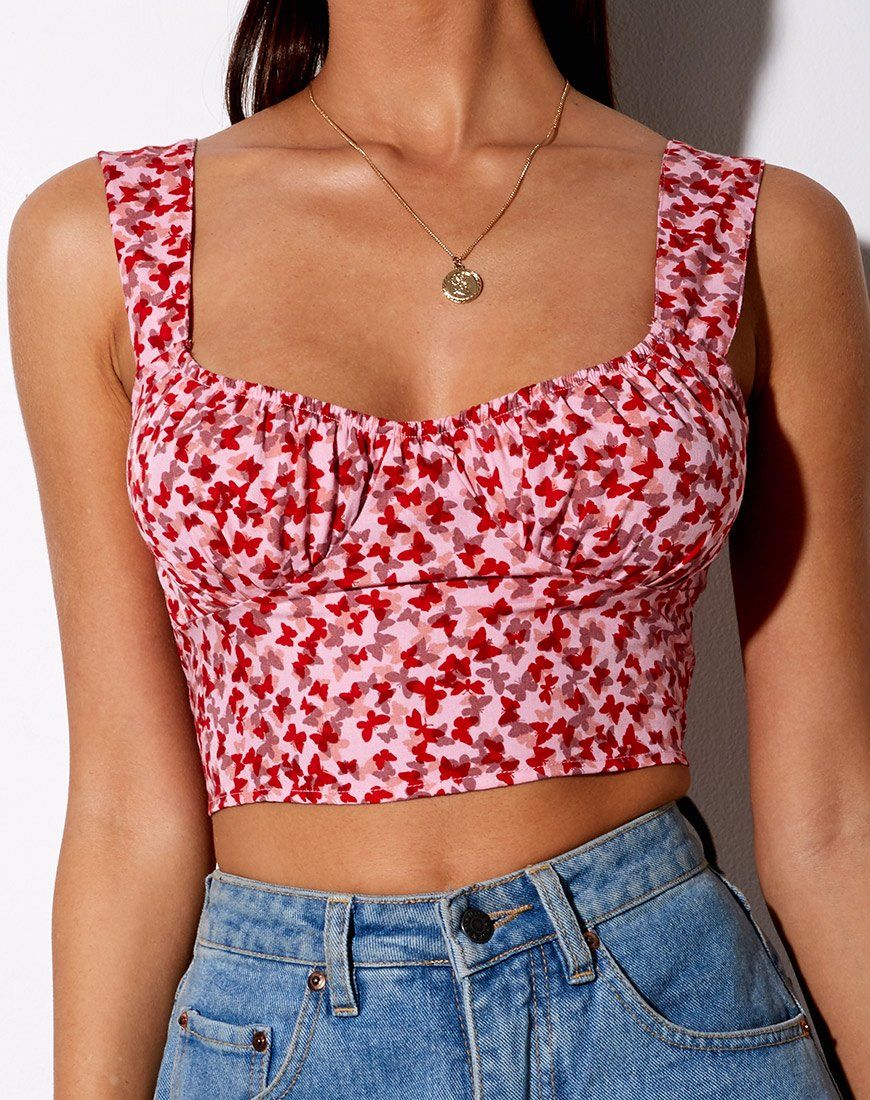 Gladis Vest Crop Top in Ditsy Butterfly Peach and Red sold by Motel Rocks