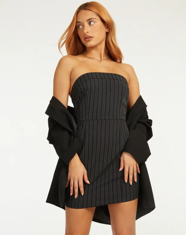Siria Bandeau Dress in Irregular Stripe Black sold by Motel Rocks