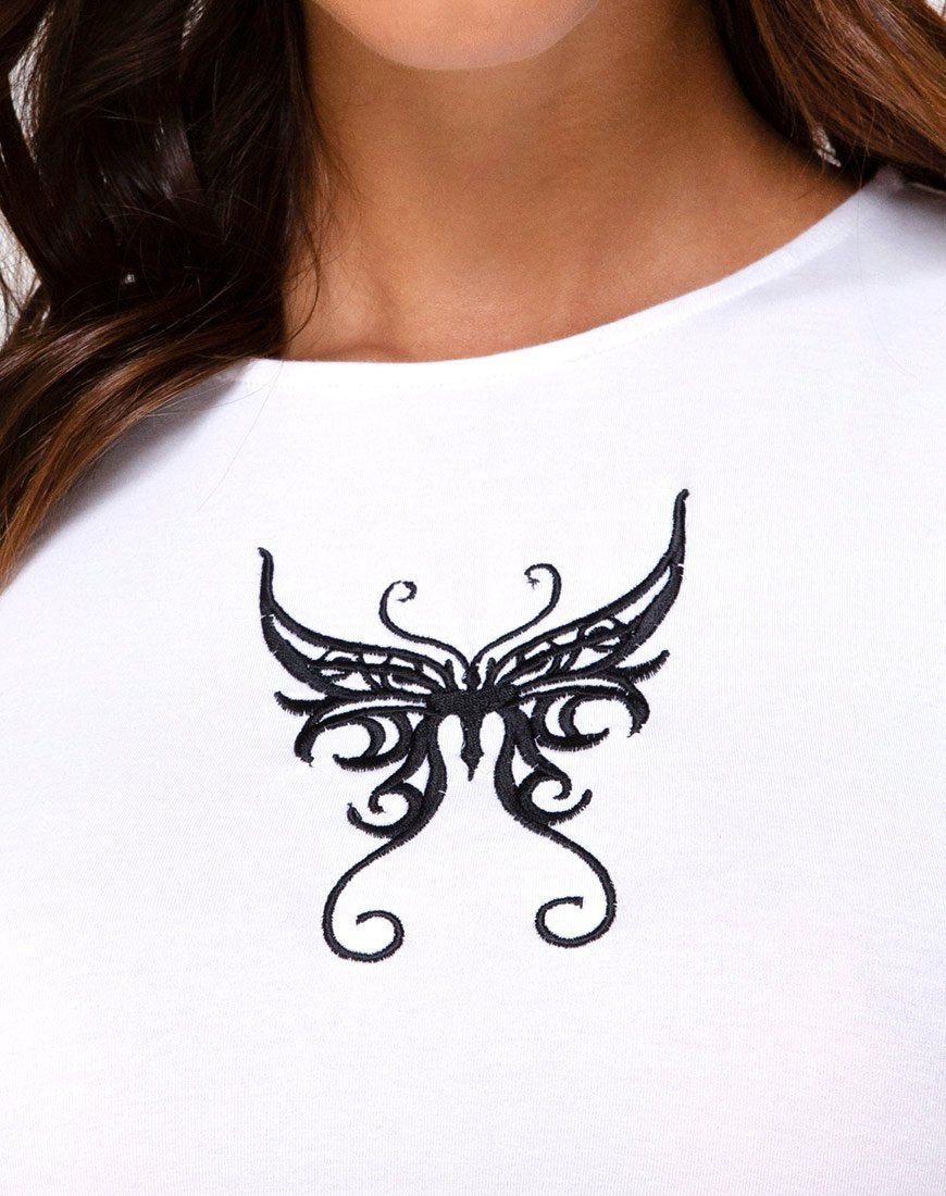 Tindy Top in White w/ Black Butterfly Embro sold by Motel Rocks product image thumbnail 5