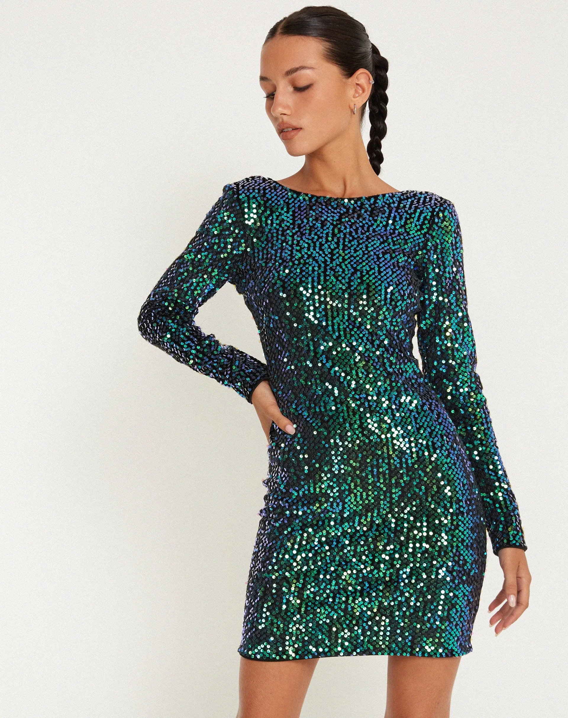 Gabby Mini Dress in Sequin Green Iridescent sold by Motel Rocks product image thumbnail 3