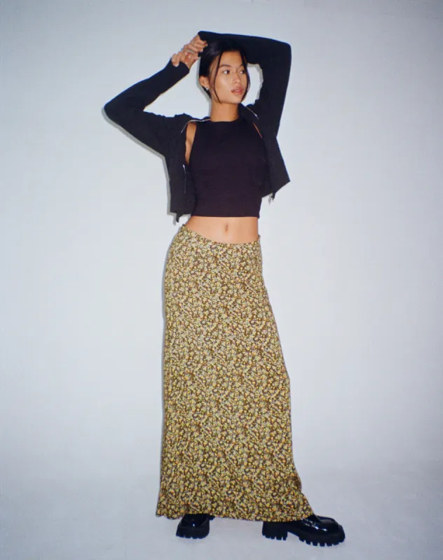 Sayan Maxi Skirt in Grungey Floral Khaki sold by Motel Rocks