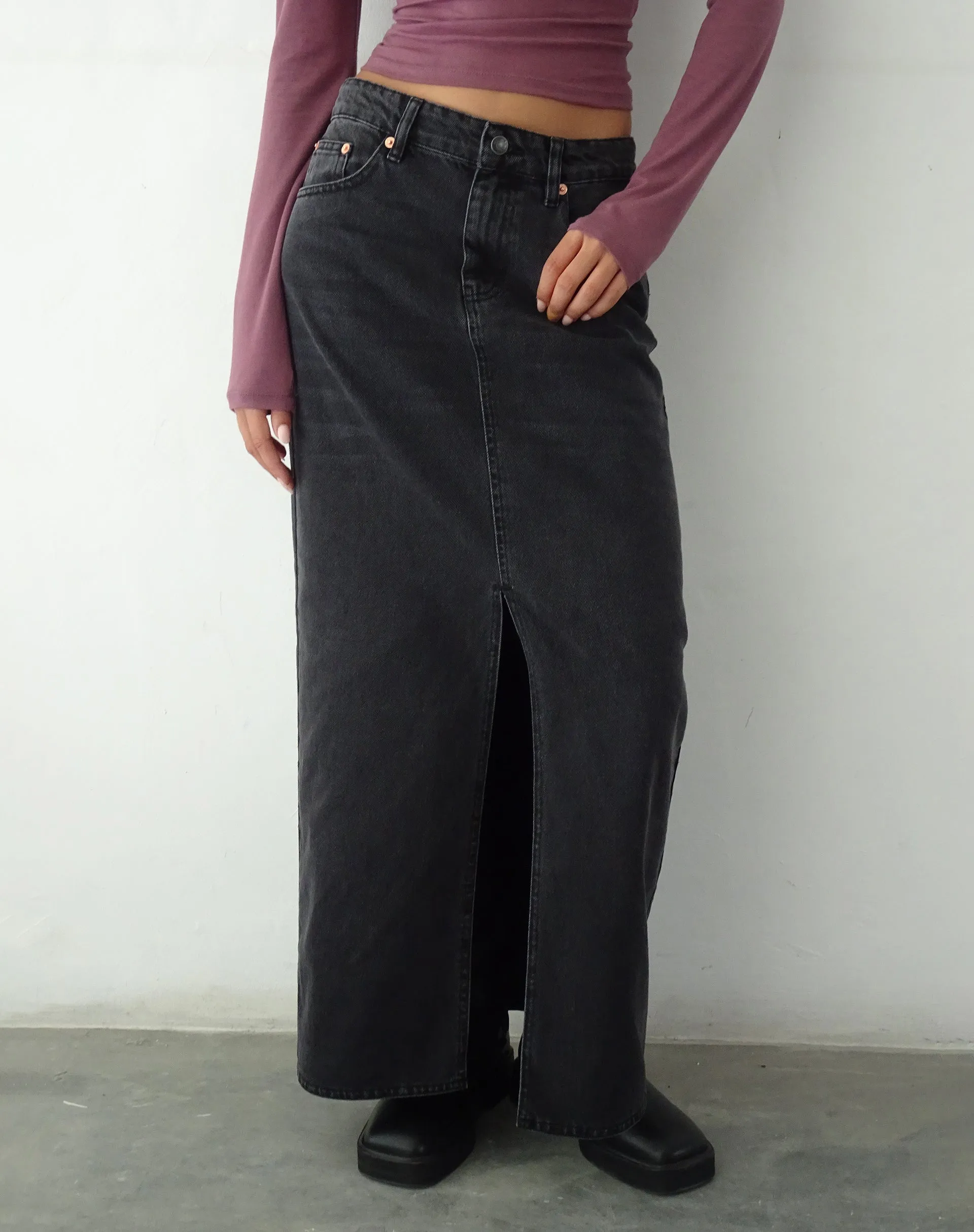Low Rise Denim Maxi Skirt in Vintage Black sold by Motel Rocks