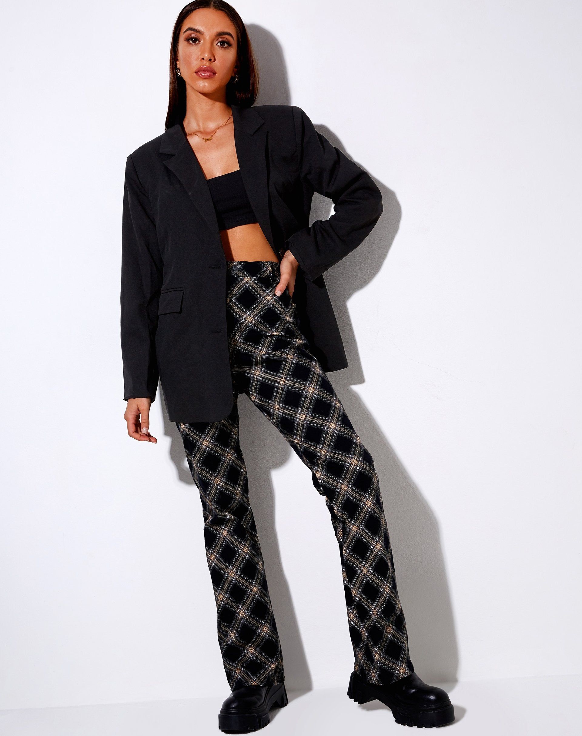 Zoven Flare Trouser in 20's Check Black and Grey sold by Motel Rocks product image thumbnail 3
