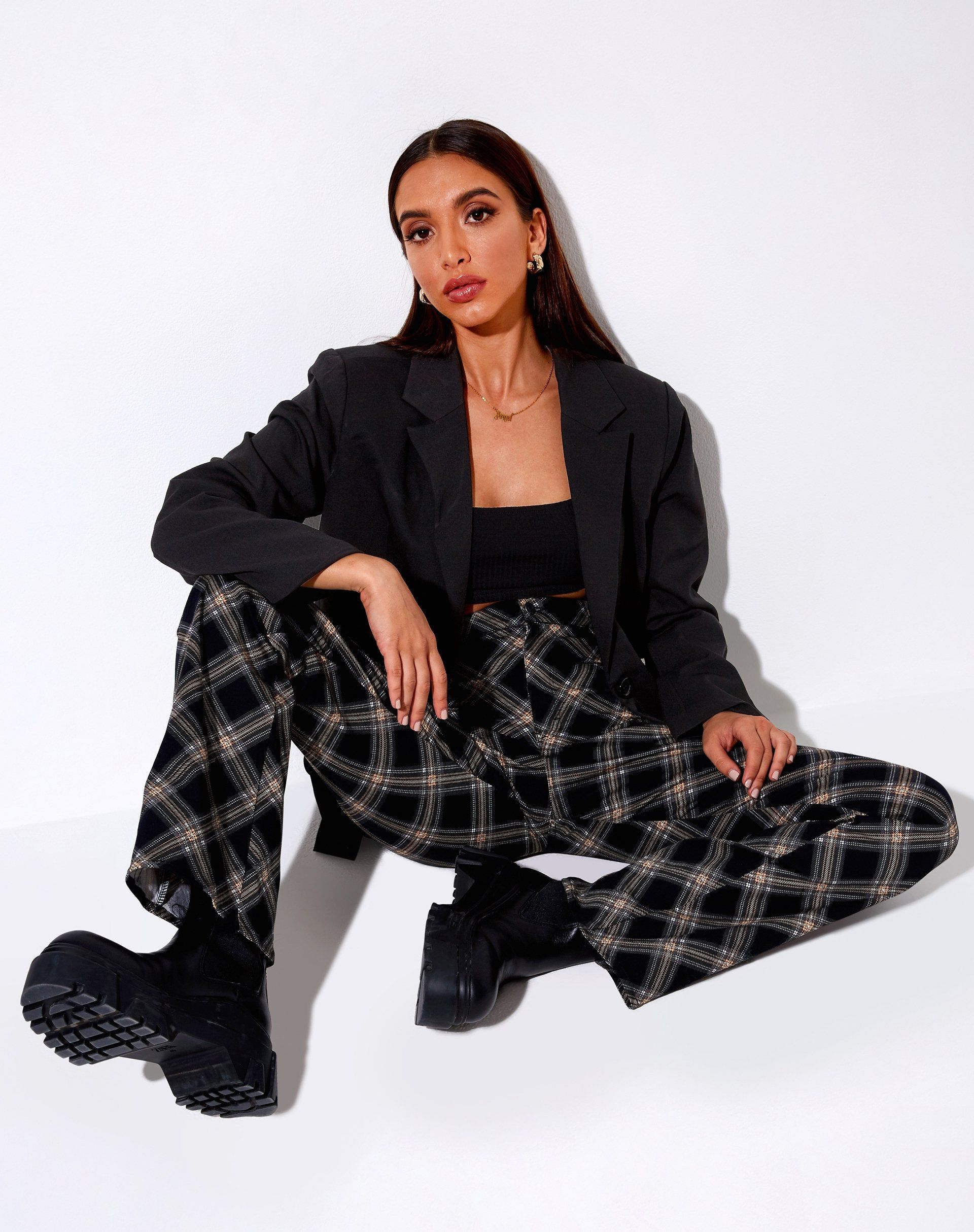 Zoven Flare Trouser in 20's Check Black and Grey sold by Motel Rocks product image thumbnail 2