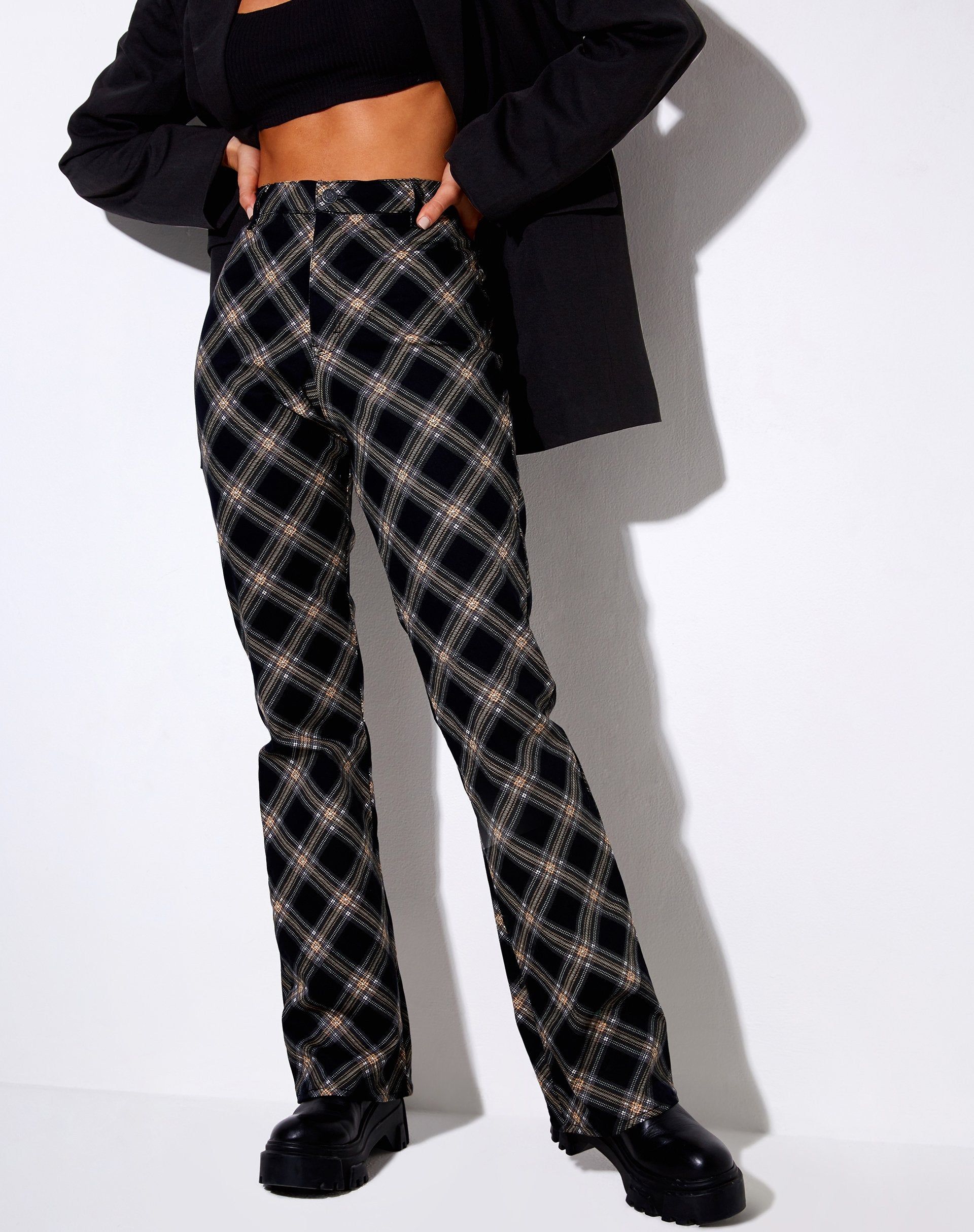Zoven Flare Trouser in 20's Check Black and Grey sold by Motel Rocks
