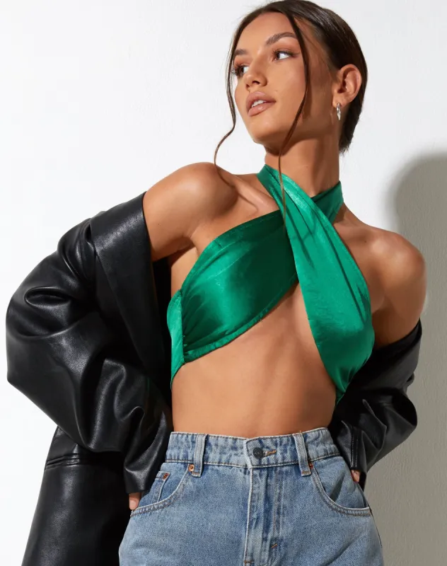 Selenda Crop Top in Satin Kelly Green made by Motel Rocks