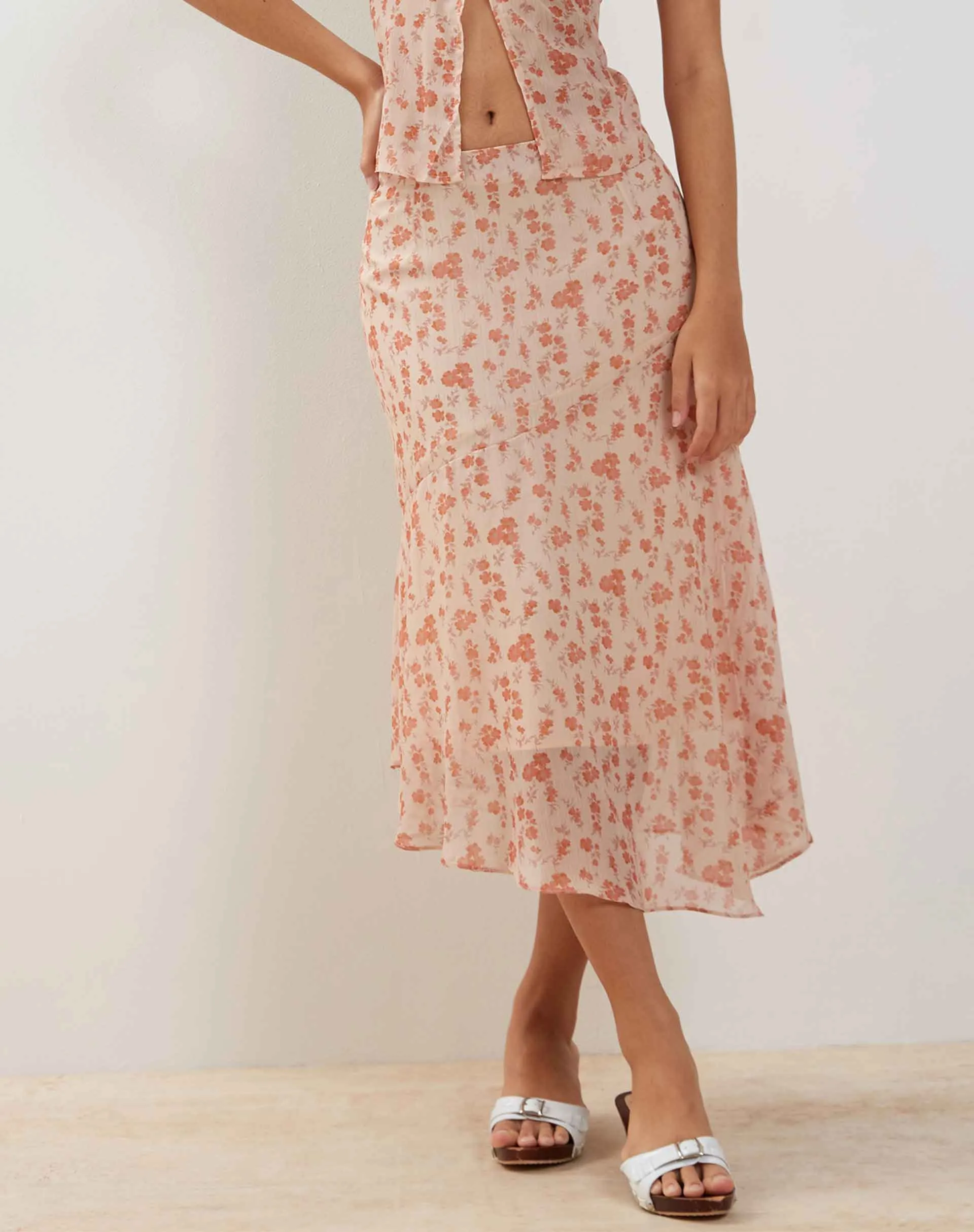 Rans Waterfall Hem Chiffon Midi Skirt in Peach Cherry Blossom sold by Motel Rocks