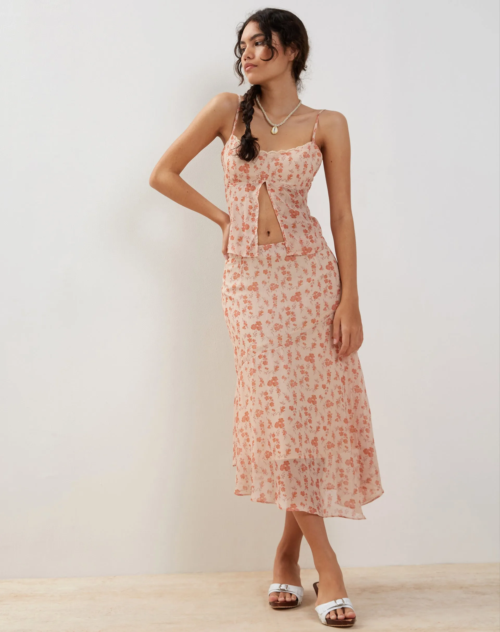 Rans Waterfall Hem Chiffon Midi Skirt in Peach Cherry Blossom sold by Motel Rocks product image thumbnail 4
