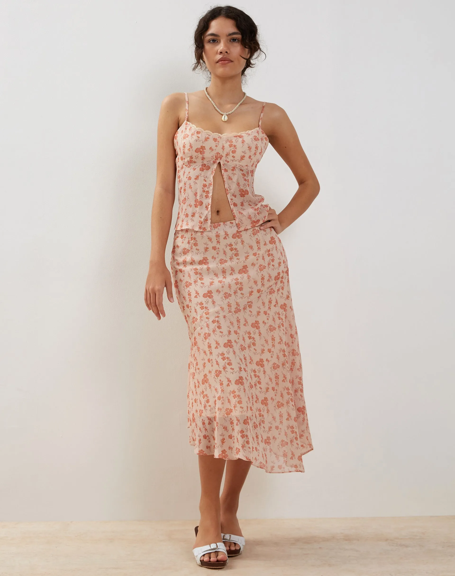 Rans Waterfall Hem Chiffon Midi Skirt in Peach Cherry Blossom sold by Motel Rocks product image thumbnail 2