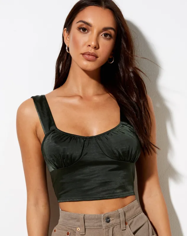 Gladis Crop Top in Satin Dark Khaki sold by Motel Rocks