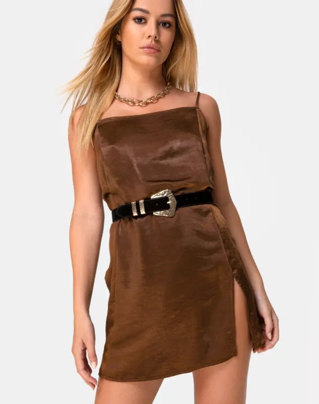 Datista Slip Dress in Satin Brown sold by Motel Rocks