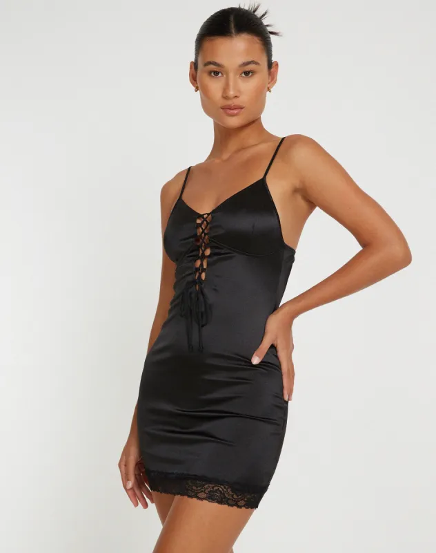 Ditika Mini Dress in Satin Black sold by Motel Rocks