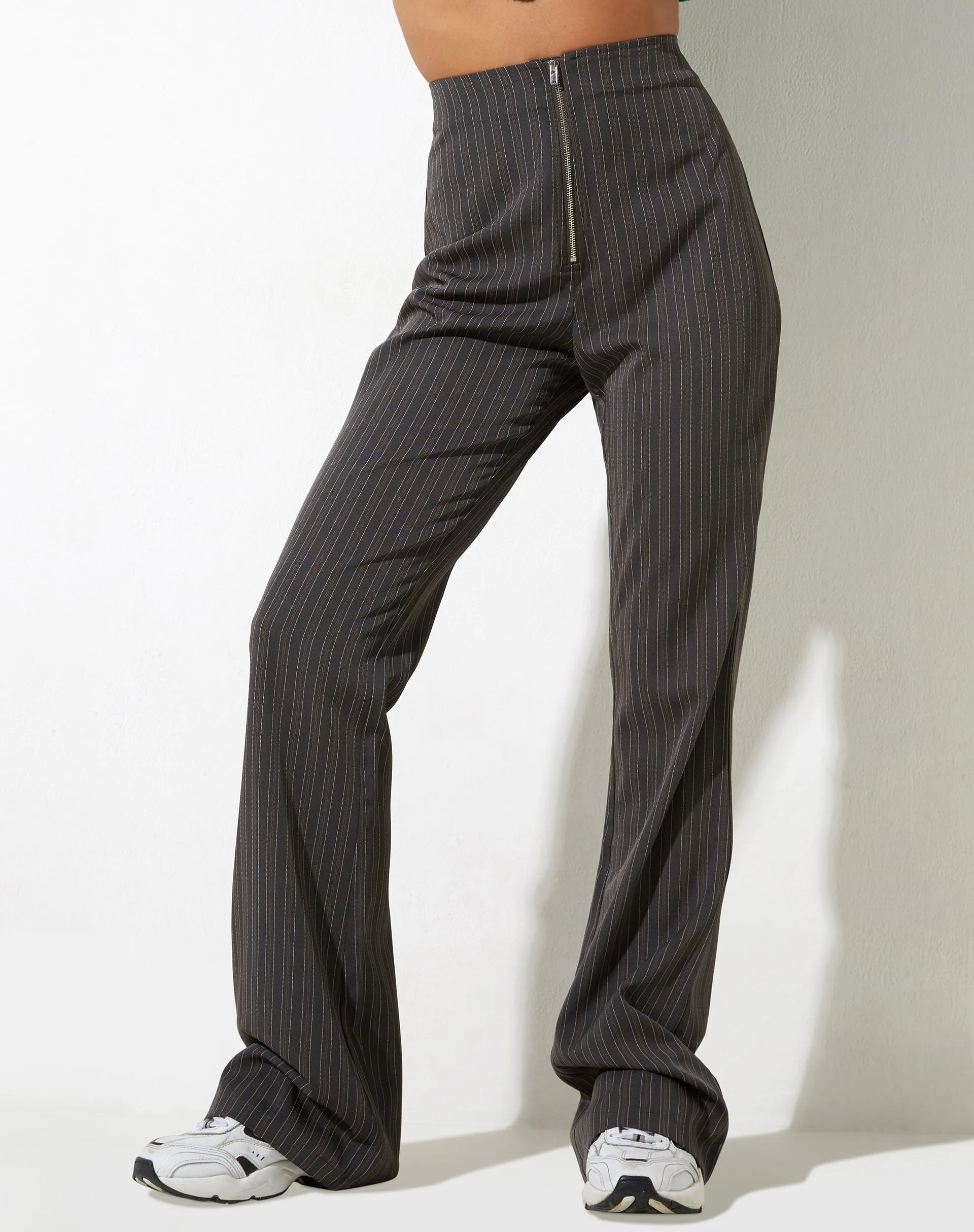 Zorah Flared Trouser in Grey Stripe sold by Motel Rocks