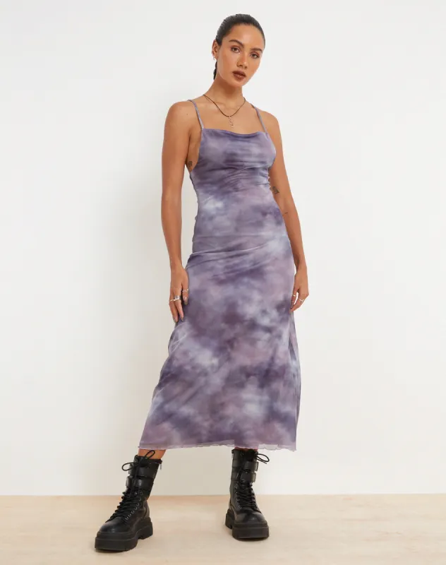 Norishi Printed Mesh Midi Dress in Smokey Gradients Purple sold by Motel Rocks