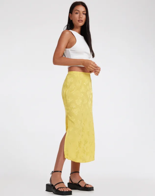 Kindra Midi Skirt in Satin Rose Sunshine Yellow sold by Motel Rocks