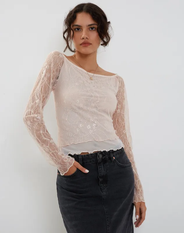 Rory Long Sleeve Lace Top in Pink made by Motel Rocks