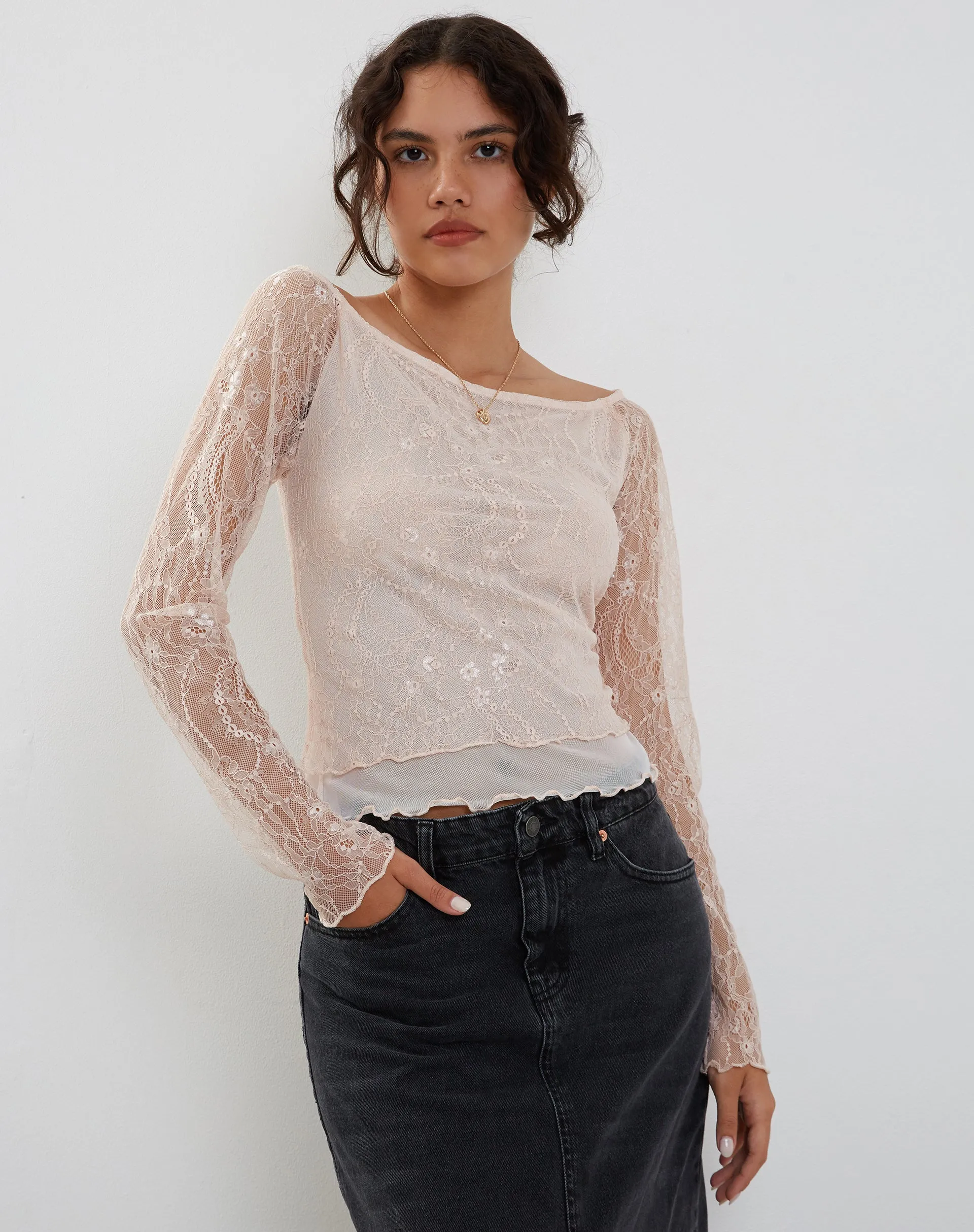 Rory Long Sleeve Lace Top in Pink sold by Motel Rocks