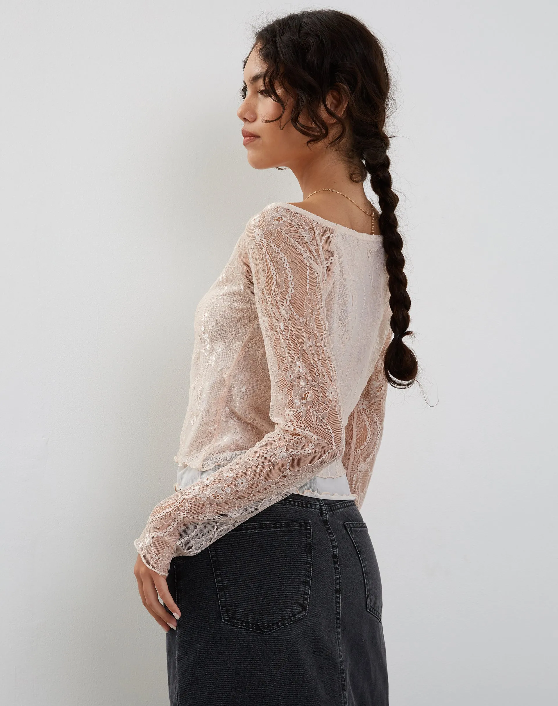 Rory Long Sleeve Lace Top in Pink sold by Motel Rocks product image thumbnail 2