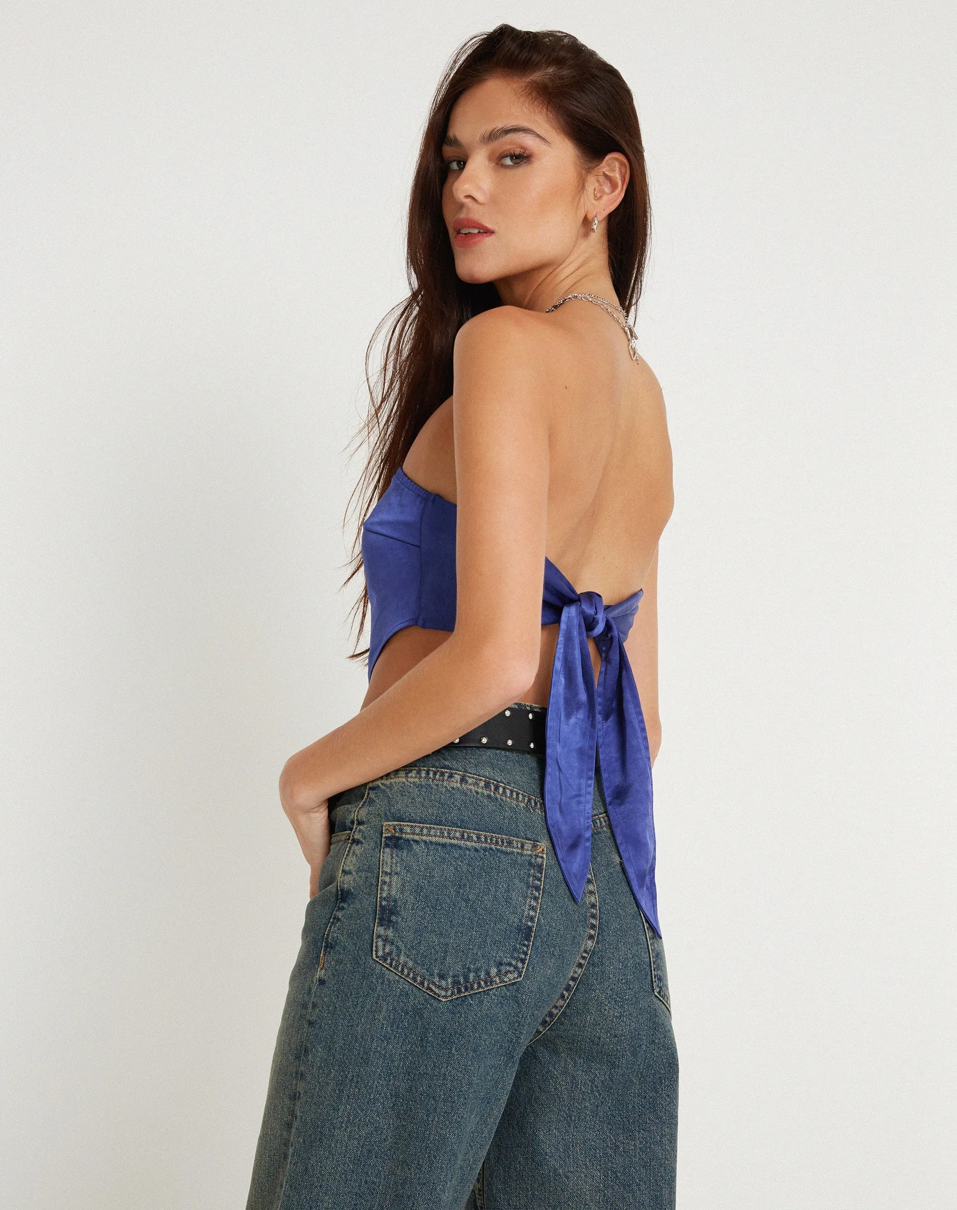 Nolda Bandeau Crop Top in Satin Spectrum Blue sold by Motel Rocks product image thumbnail 2