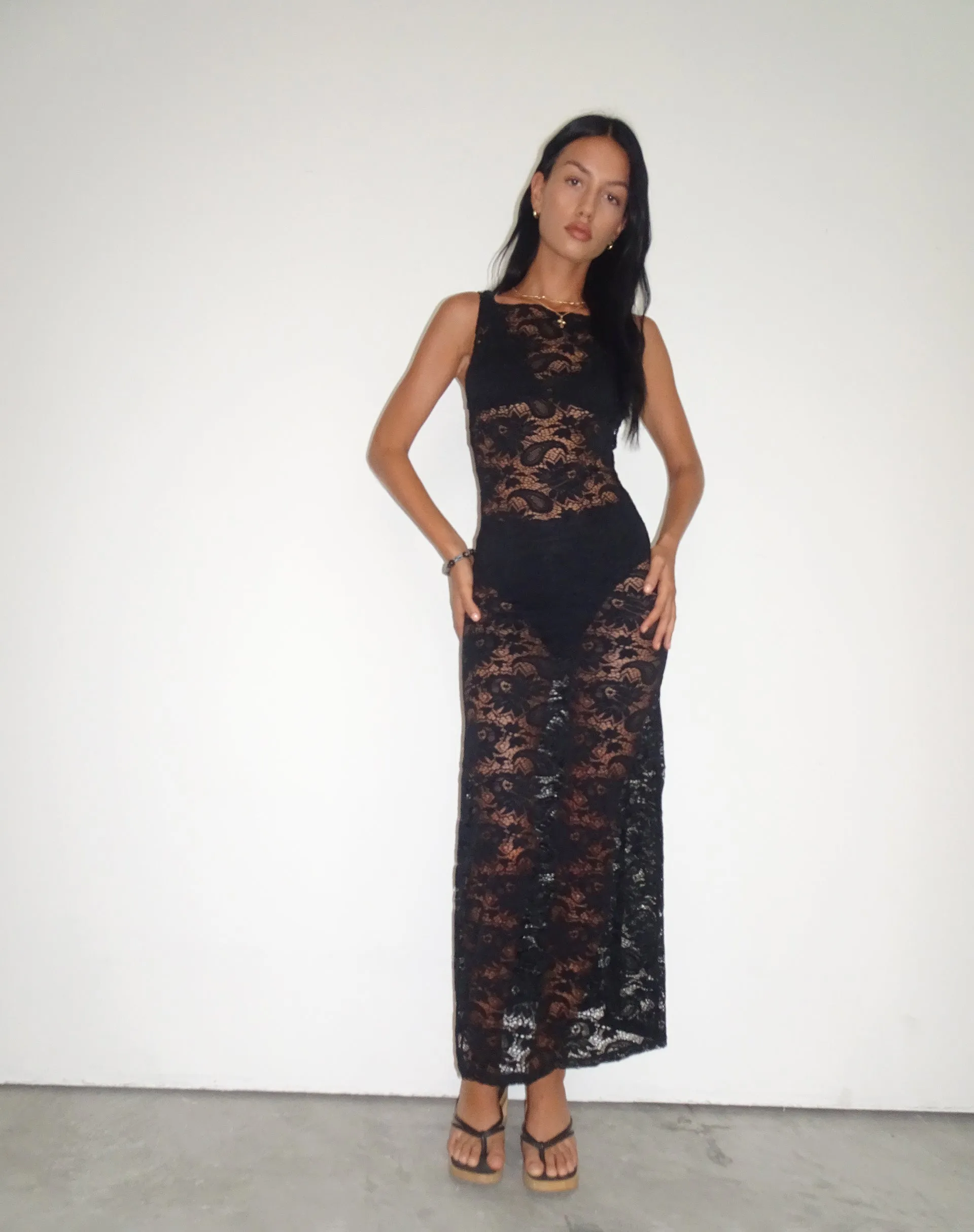 Daudy Tie Back Lace Maxi Dress in Jet Black Lace sold by Motel Rocks