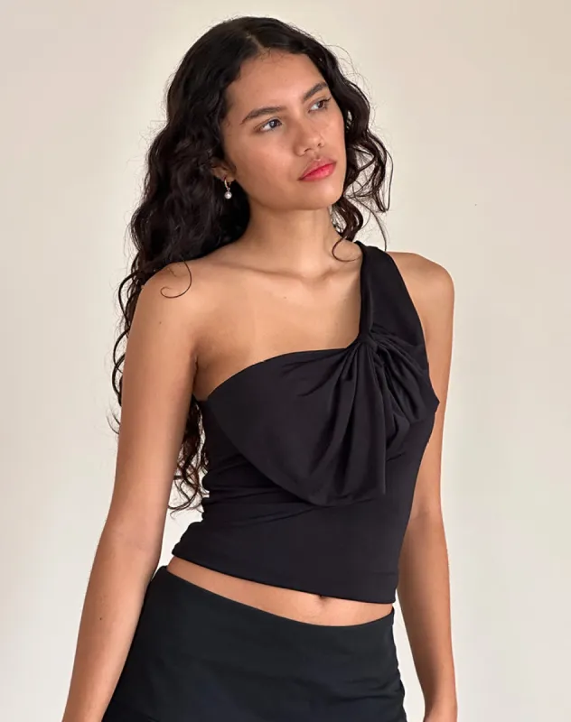 Jovie One Shoulder Slinky Bow Top in Black sold by Motel Rocks