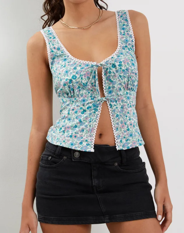 Esau Tie Front Cami Top in Flower Power Blue sold by Motel Rocks