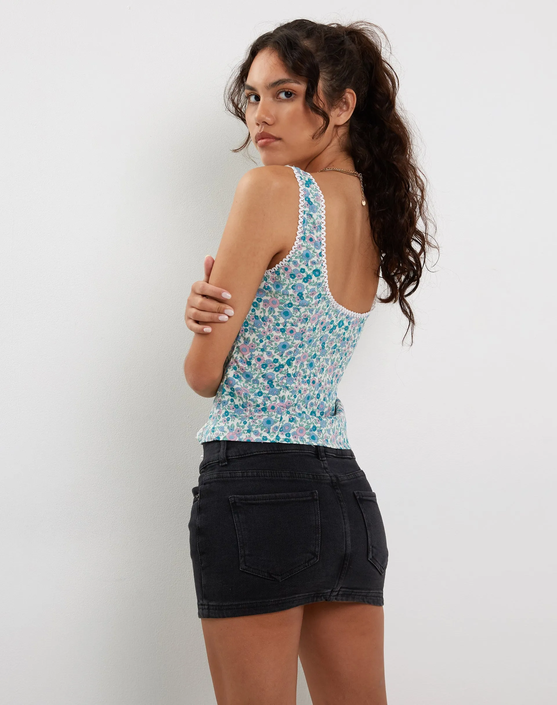 Esau Tie Front Cami Top in Flower Power Blue sold by Motel Rocks product image thumbnail 4
