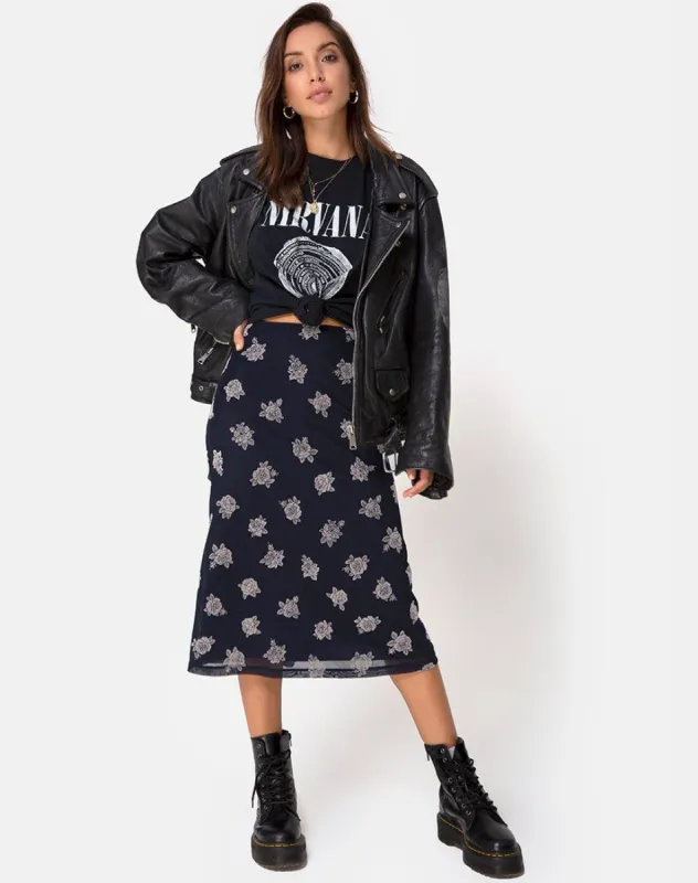 Tauri Midi Skirt in Black Flock Rose sold by Motel Rocks