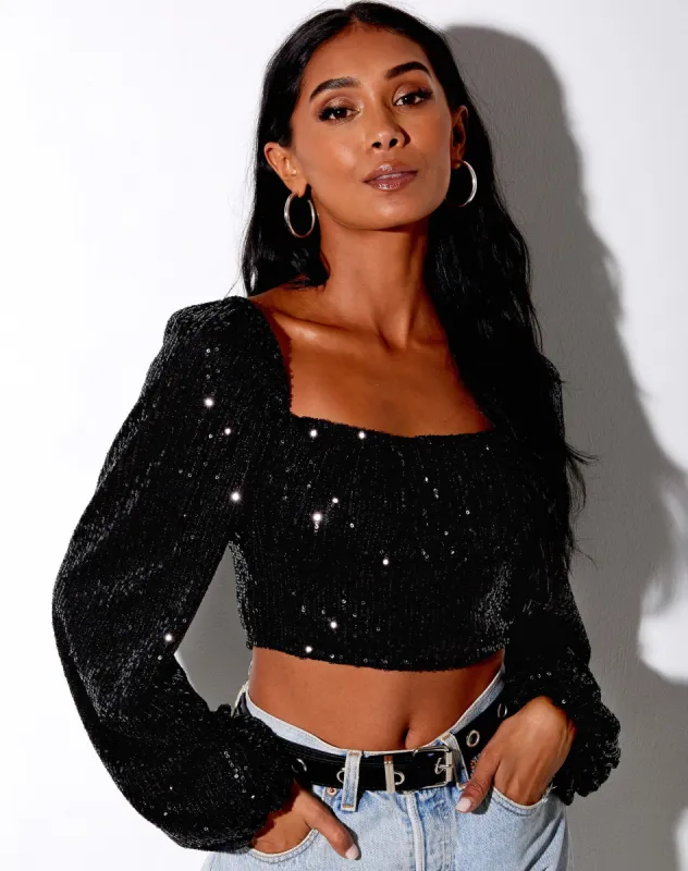 Irene Crop Top in Drape Sequin Black sold by Motel Rocks
